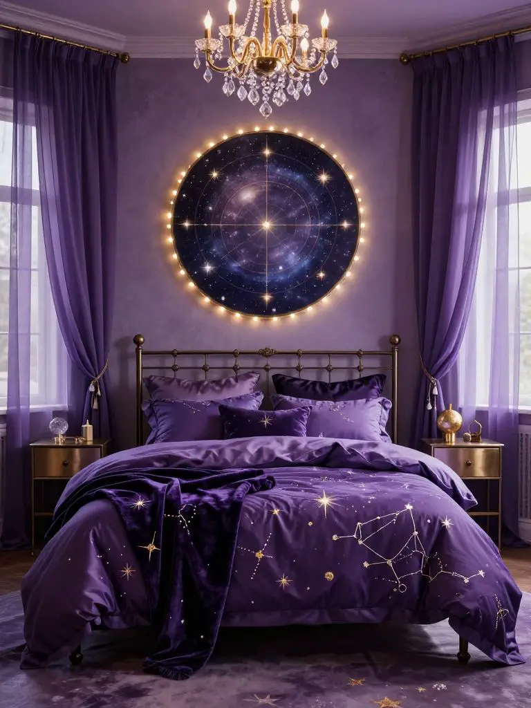 A glamorous purple witch bedroom blending celestial fantasy with modern romantic styling, featuring a metal frame bed layered in deep violet.
