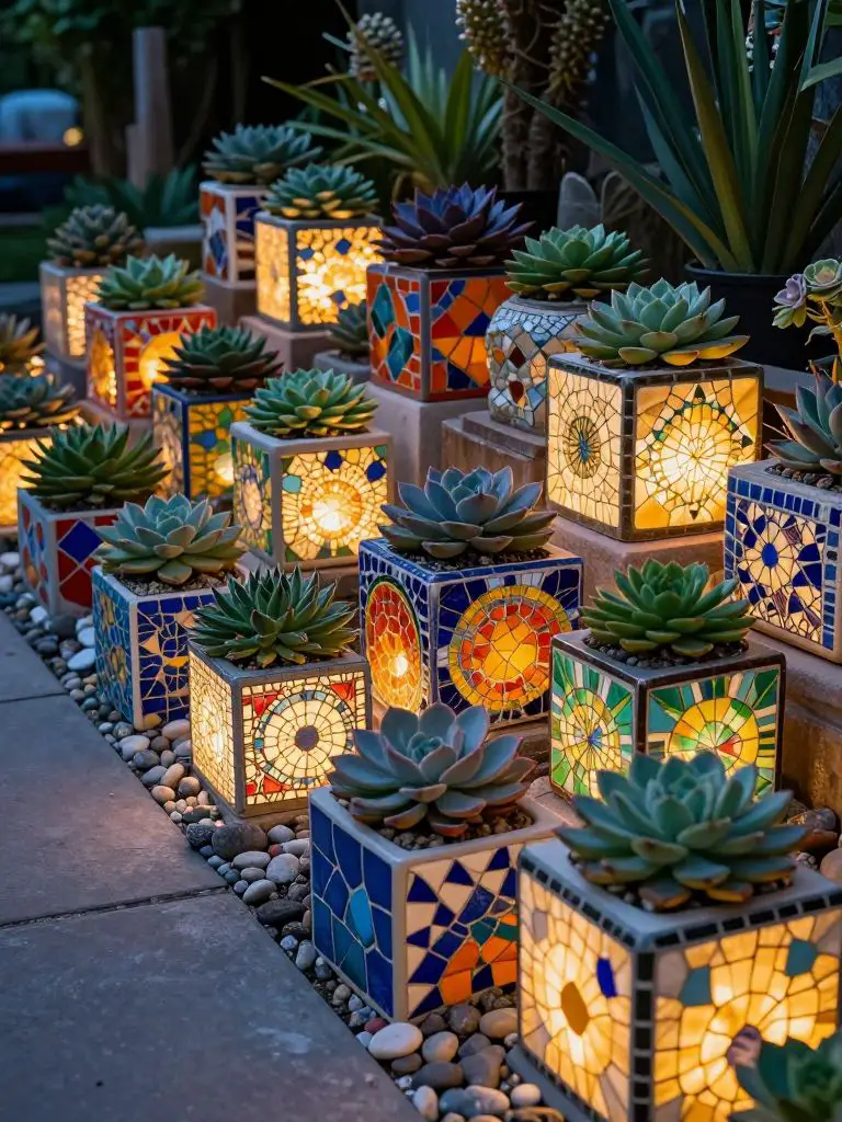 A glowing outdoor display of succulents arranged in colorful mosaic cube planters along a garden path.