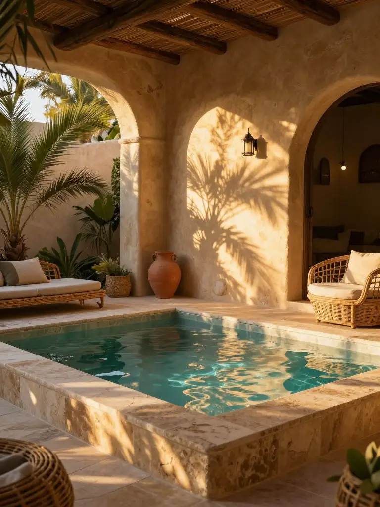A warm, covered patio spa pool scene illuminated by golden hour light, blending rustic Mediterranean and tropical elements.