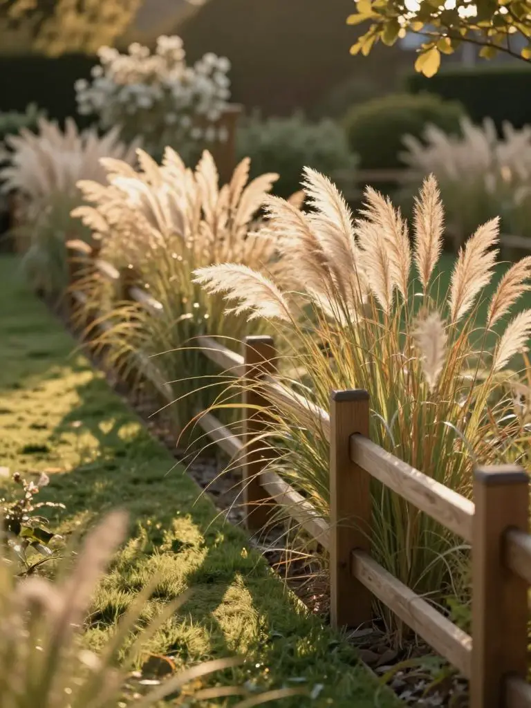 A romantic garden wedding-style fence line featuring ornamental grasses glowing in warm golden hour light.