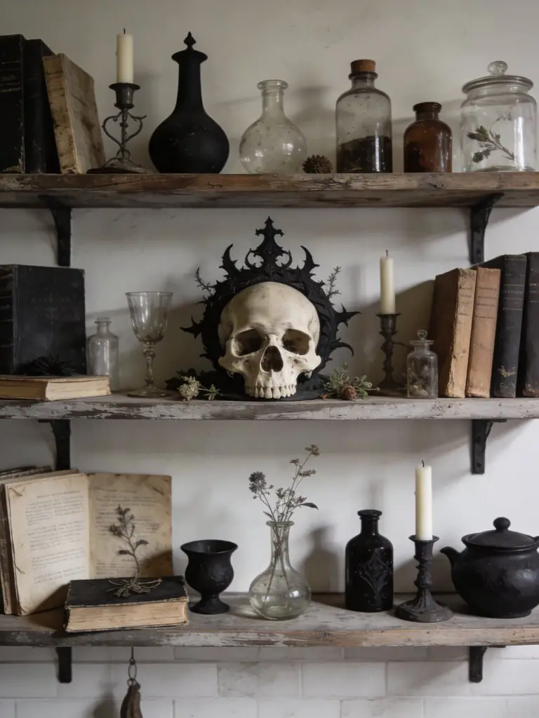 A gothic witch kitchen shelving display styled with antique objects including skull decor, glass bottles, and candles.