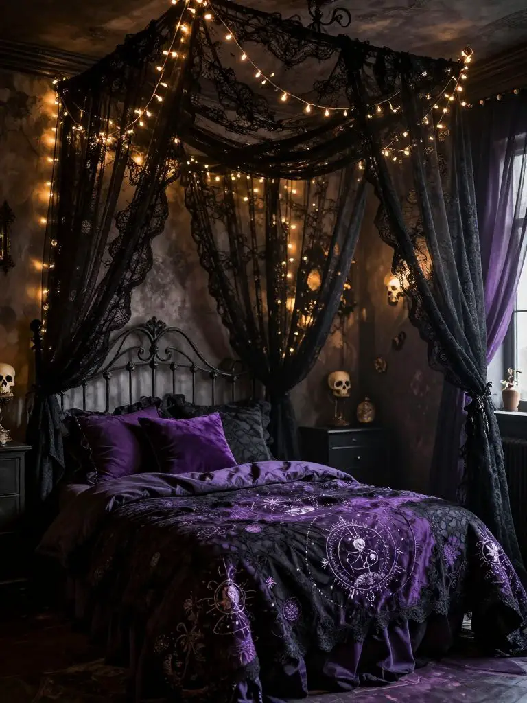 A gothic lace-inspired purple witch bedroom featuring a bed dressed in dark bedding with intricate lace overlays and celestial embroidery as.