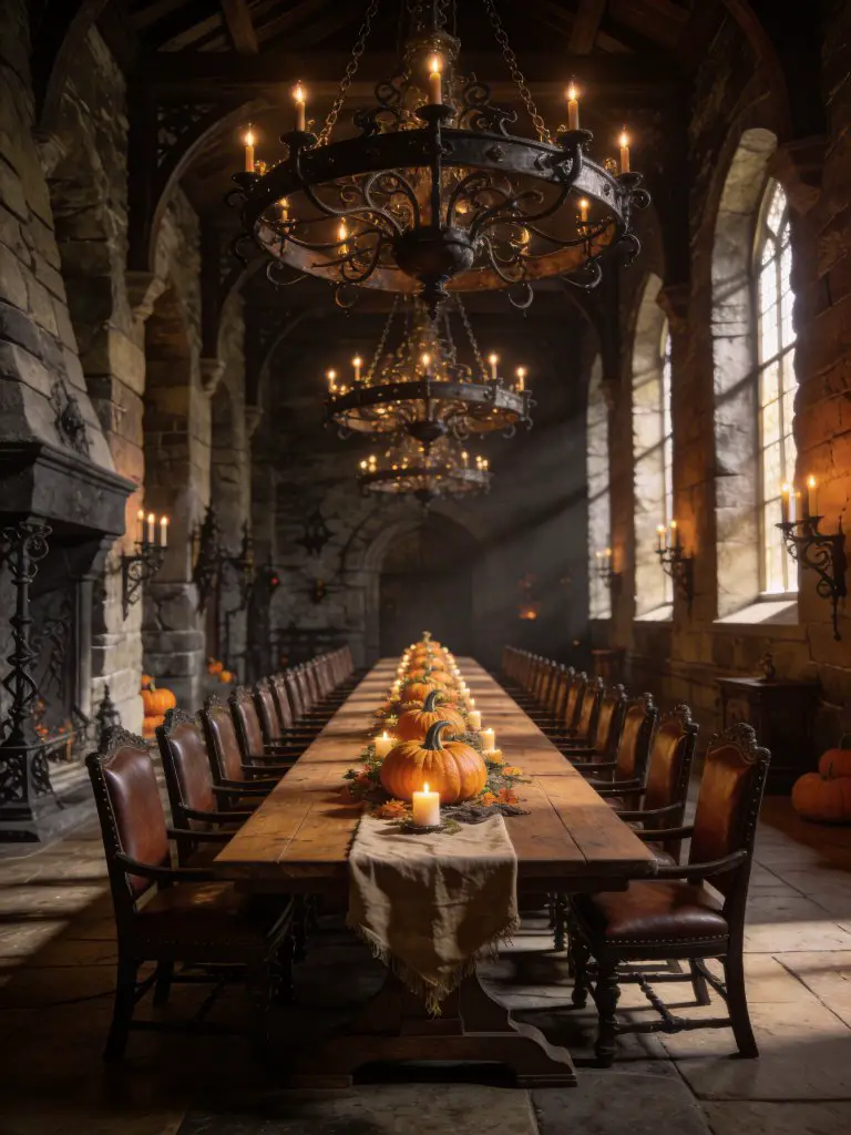 A grand medieval-inspired witchy dining hall with a long wooden table lined with leather chairs, set beneath large wrought iron chandeliers.