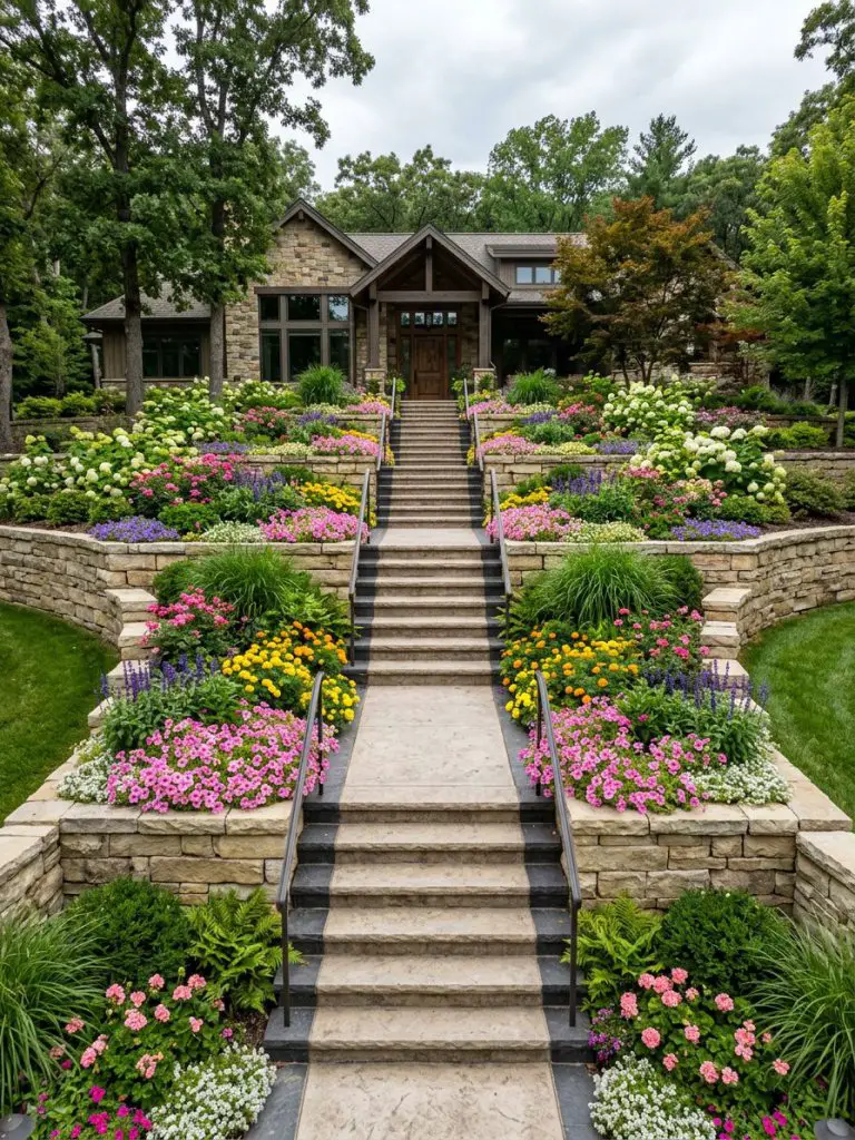 A grand sloped garden featuring a symmetrical retaining wall system built with stacked stone blocks in a modern rustic style, centered aroun.