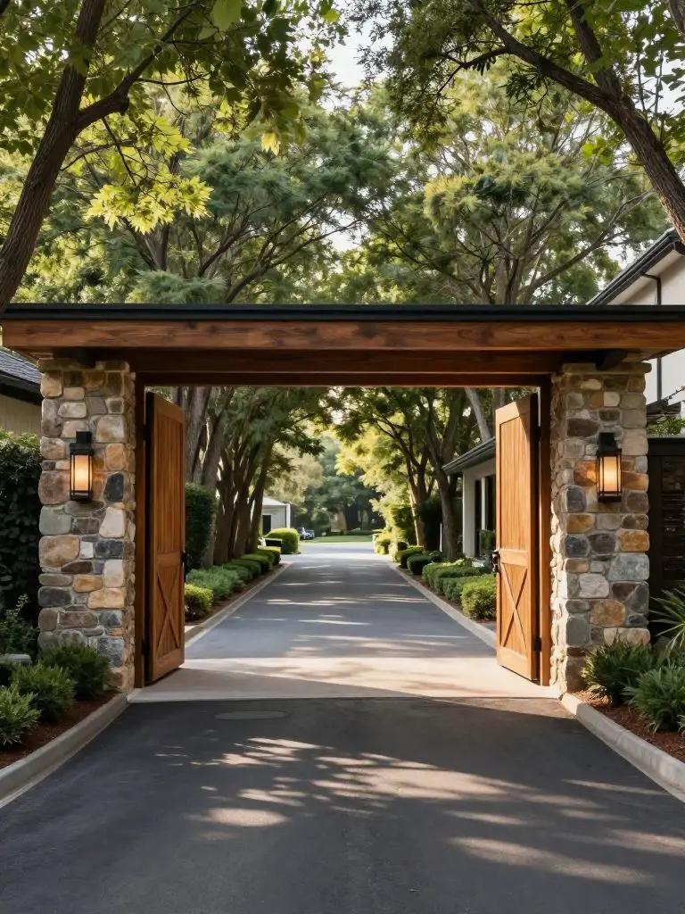 A grand driveway entrance framed by tall stone pillars and warm wooden gates in a modern rustic estate design.