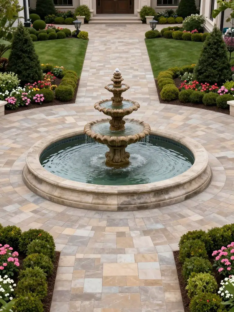 A grand driveway island featuring a multi-tiered stone fountain at the center of a formal landscaped roundabout.