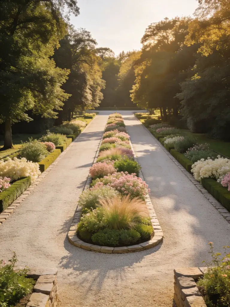 A grand estate-style long driveway featuring a central landscaped island in a warm minimalist and classic garden design.