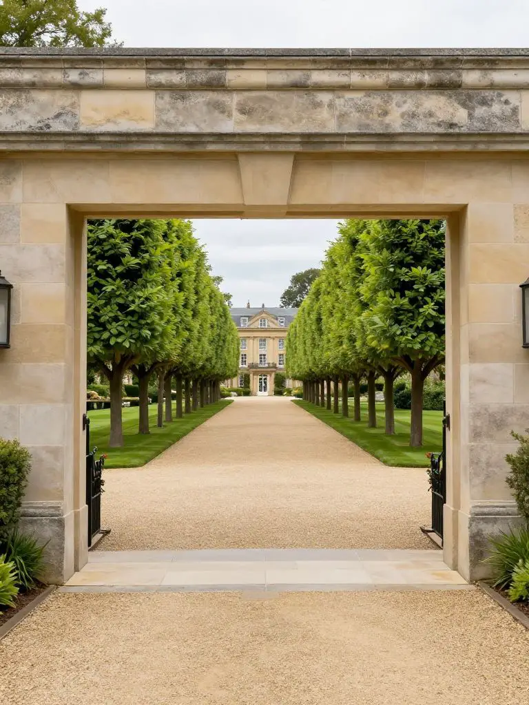 A grand estate driveway entrance featuring a long, straight path lined with evenly spaced trees and bordered by low stone walls.