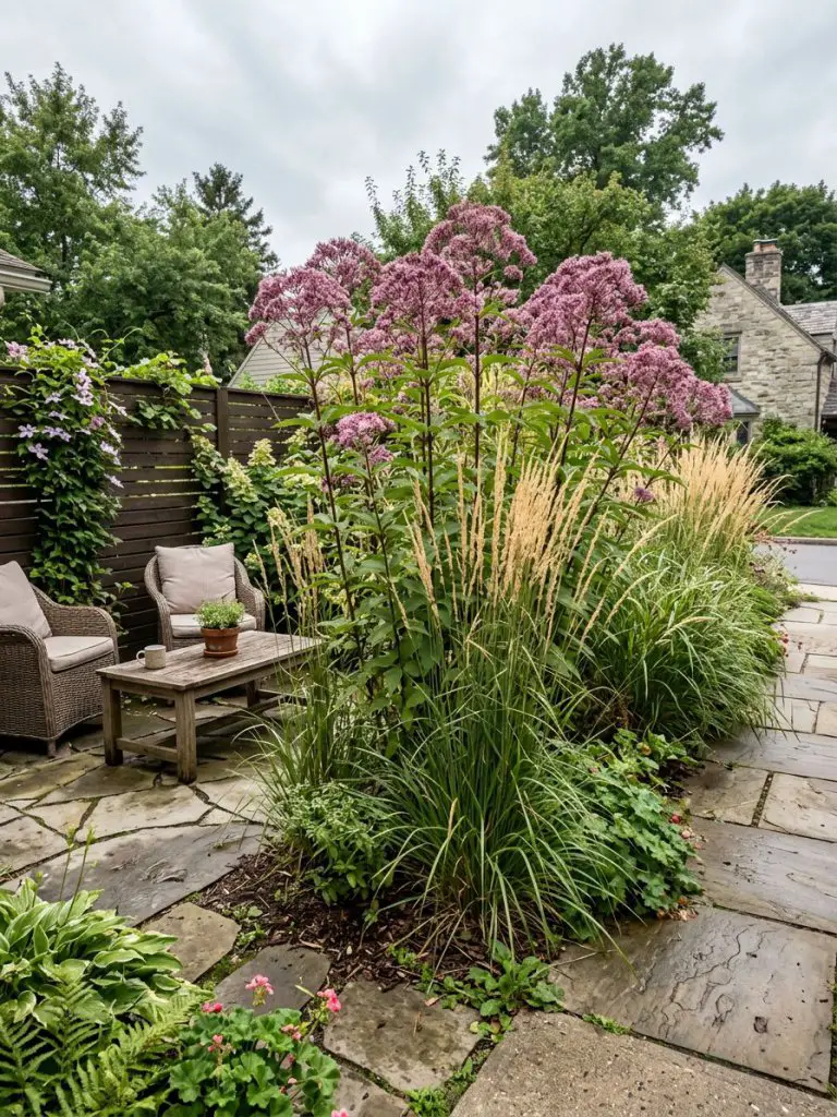 A privacy-focused landscape featuring a tall, airy screen of ornamental Joe Pye Weed and tall decorative grasses.