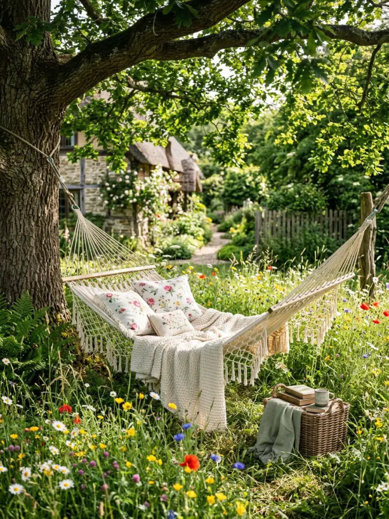 A peaceful hammock retreat under a large tree in a wildflower-filled backyard, styled in soft cottagecore aesthetic.