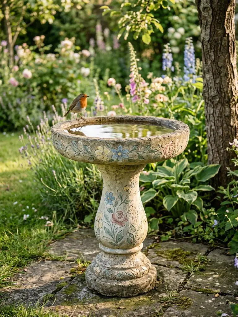 A handcrafted stone pedestal bird bath with delicate hand-painted floral motifs, styled in a cottagecore-inspired garden setting.