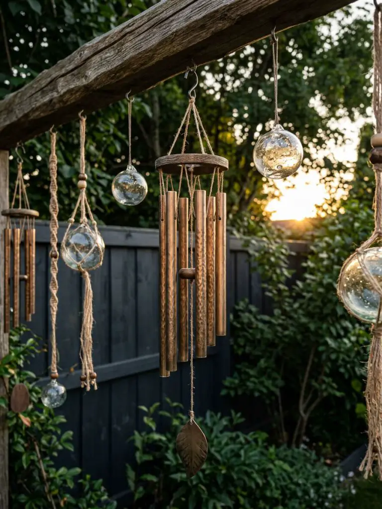 Delicate metal wind chimes with brushed bronze patina and individually textured tubes hang from a natural wood beam in the foreground, catch.