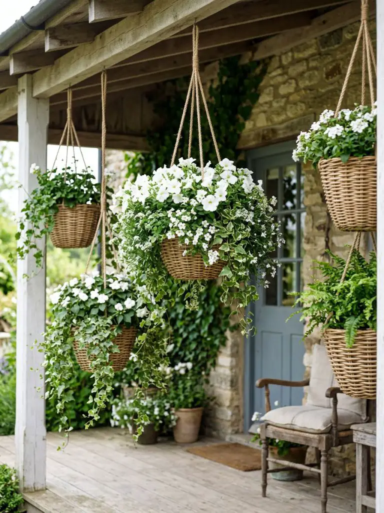 A cluster of hanging basket planters suspended from a covered porch, creating a vertical layered flower bed effect with cascading greenery a.