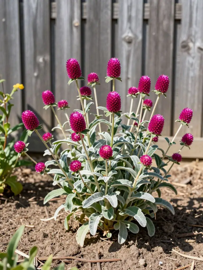 A textural garden study of Gomphrena "Strawberry Fields" with its unique globe-shaped magenta blooms.