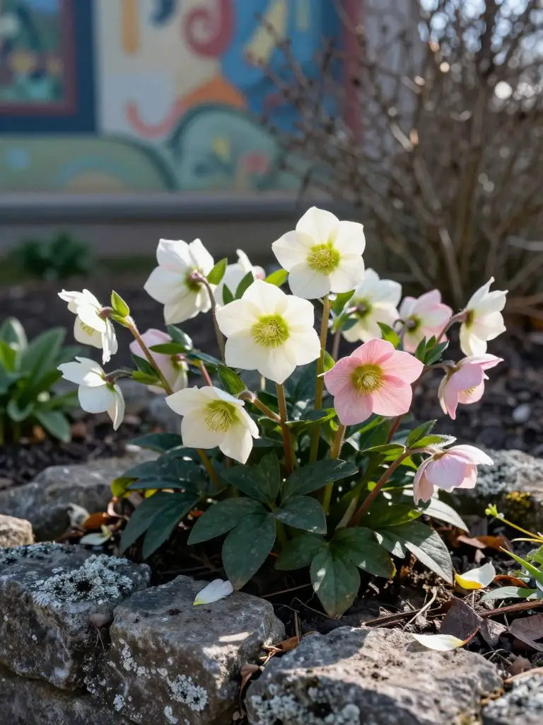 A carefully composed raised stone bed displays an early-spring flourish of hellebore blooms in creamy whites and muted pinks, their cup-shap.