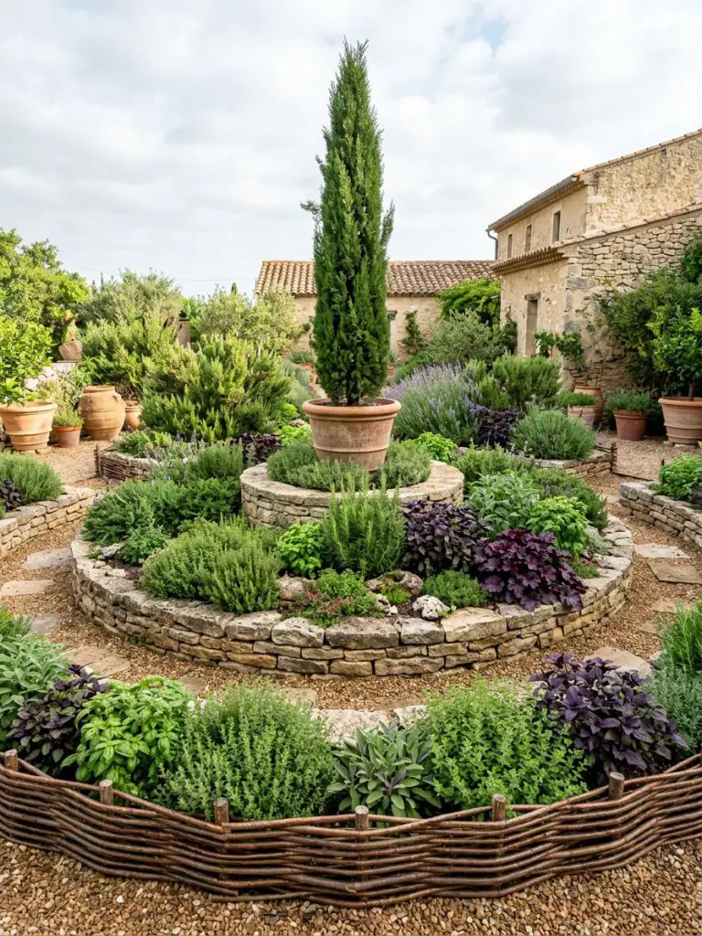 A structured circular herb garden designed in a rustic Mediterranean style, featuring layered stone retaining walls and a central raised pla.