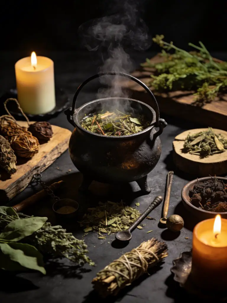 A rustic tabletop scene featuring a small cast iron cauldron with steaming herbal mixture, surrounded by candles and dried botanicals.
