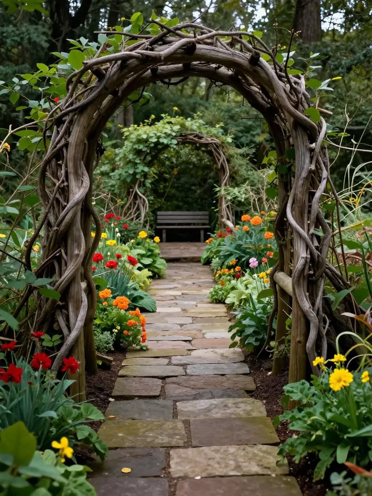 A small secret garden pathway scene in a natural woodland cottage style, featuring a narrow stone walkway framed by twisted wooden arches ma.