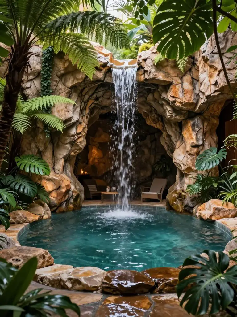 A hidden grotto-style natural swimming pool backyard featuring a dramatic rock cave and waterfall, designed in a tropical rustic aesthetic.