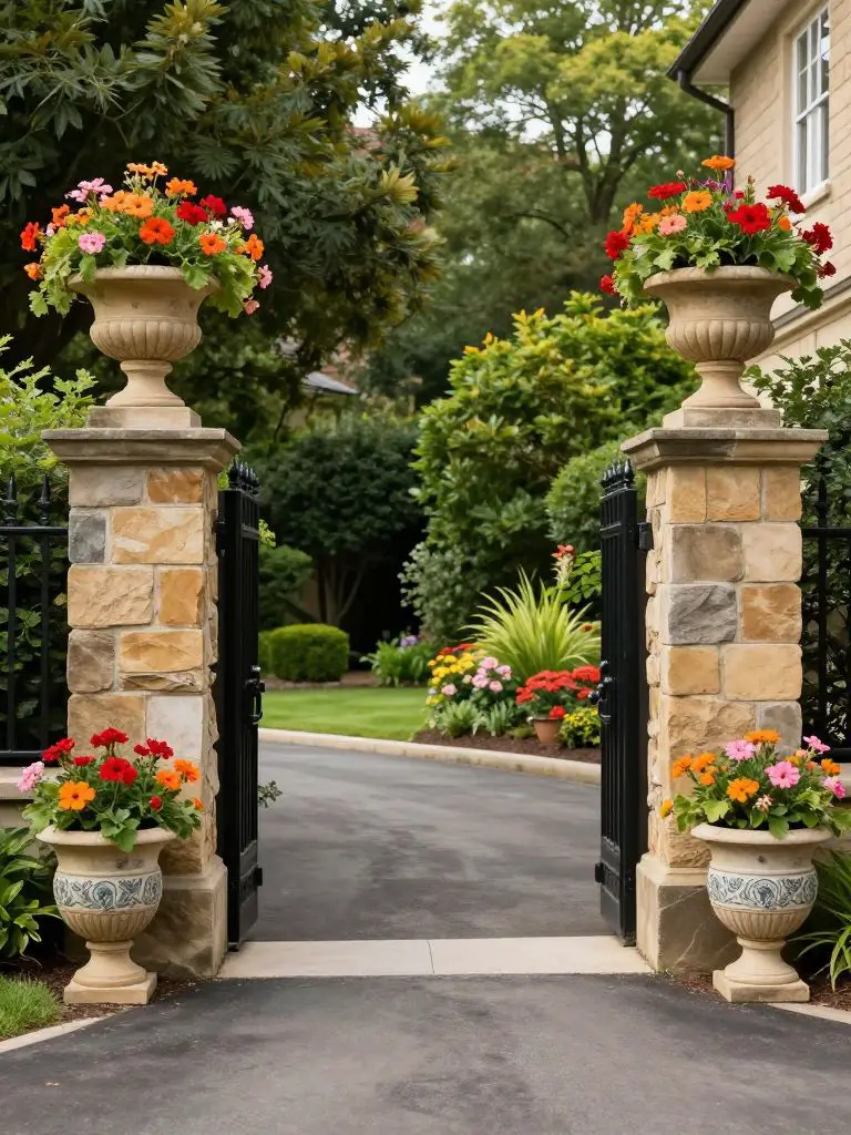 A classic gated driveway entrance featuring tall stone pillars topped with decorative urn planters overflowing with colorful flowers.
