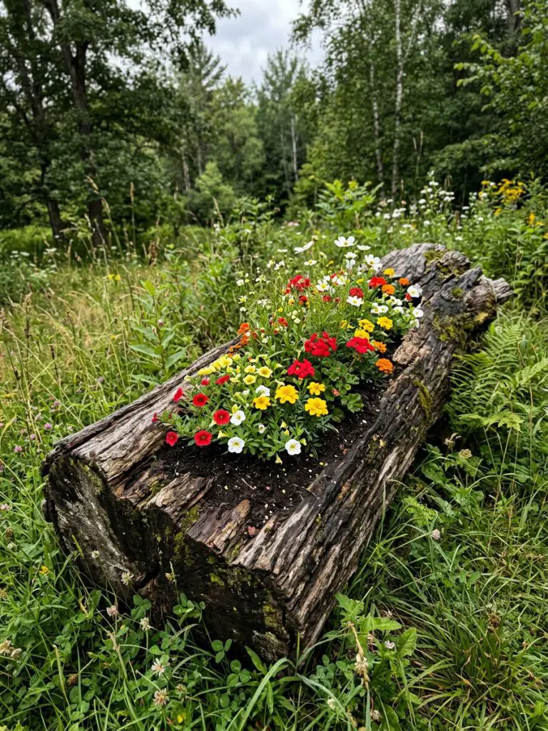 A natural hollow log transformed into a unique flower bed set within a grassy landscape.