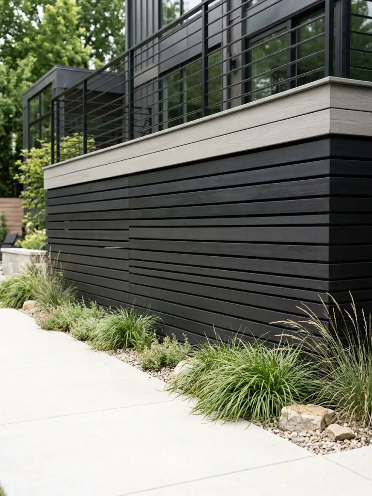 A bold contemporary deck design featuring horizontal black slat skirting in a modern minimalist style.
