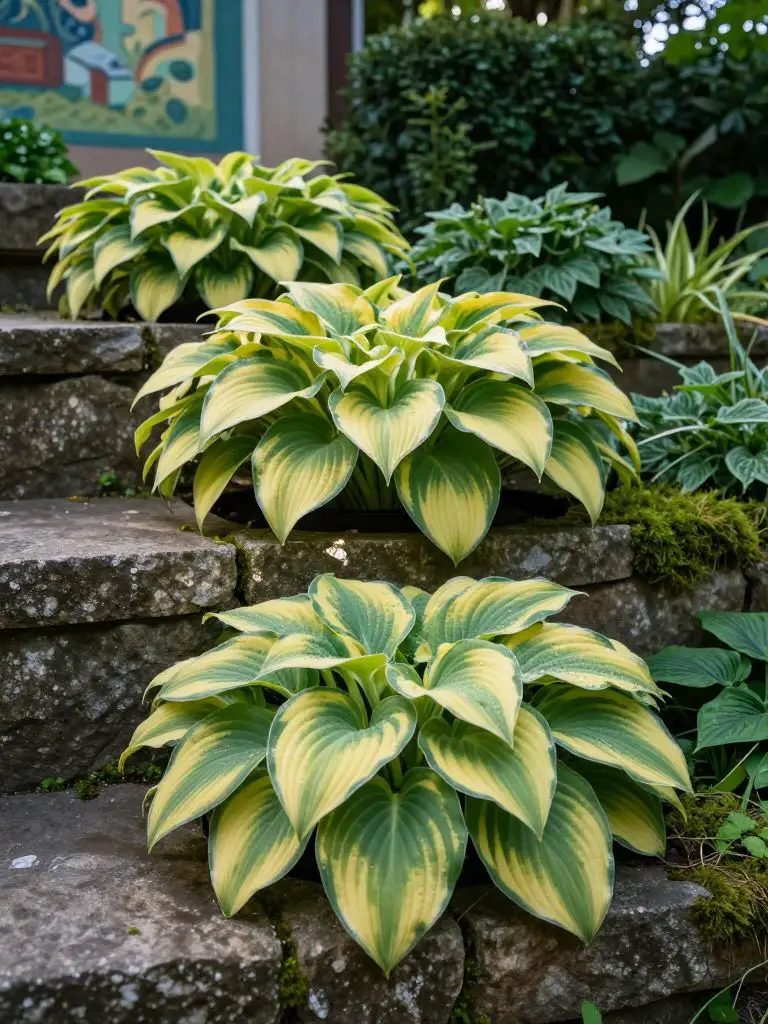 A tiered garden bed constructed from rugged, moss-flecked stone hosts a dramatic display of sun-tolerant hosta varieties, their broad, ribbe.