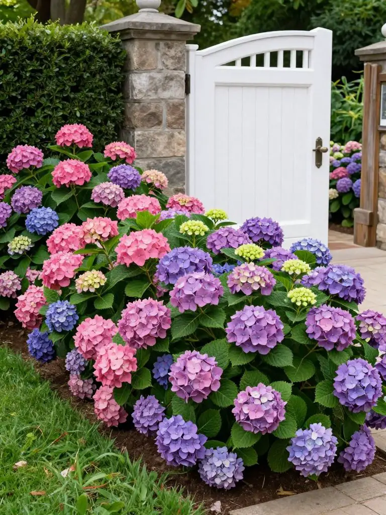 A stunning hydrangea-filled flower bed creating a bold yet elegant statement in a classic garden setting.