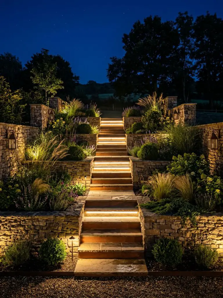 A dramatic nighttime garden scene featuring illuminated retaining wall terraces in a modern rustic style.
