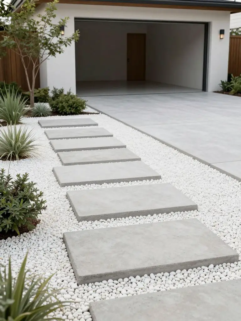 A minimalist end of driveway landscaping concept featuring large concrete stepping stones set within a bed of white gravel and sparse greene.