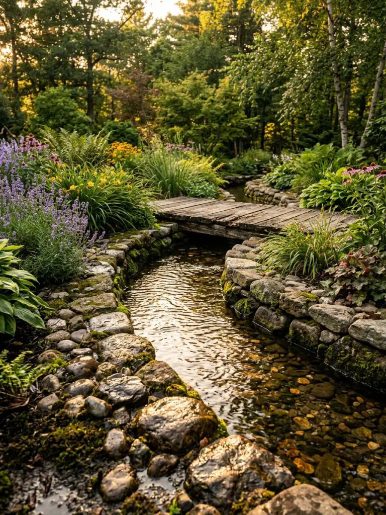 A slender stone water channel meanders through a lush garden, its gently rippling surface catching the last golden rays of early evening sun.