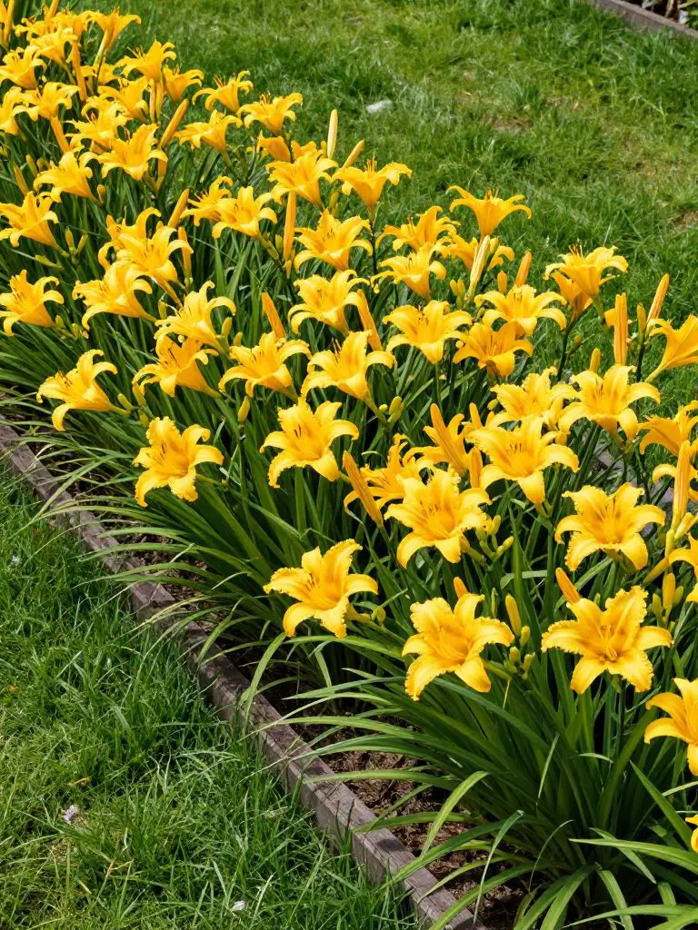 A vibrant summer border filled entirely with bright yellow Stella de Oro daylilies.