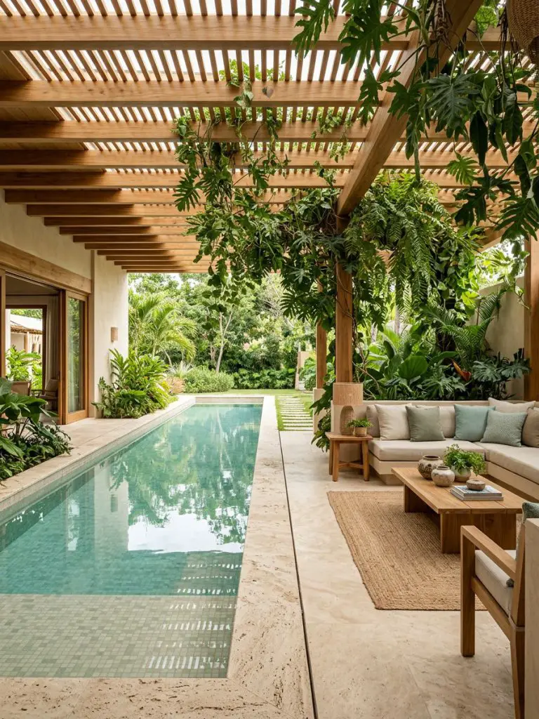 An indoor-outdoor inspired lap pool integrated with a covered patio lounge area, designed in a warm minimalist tropical modern style.