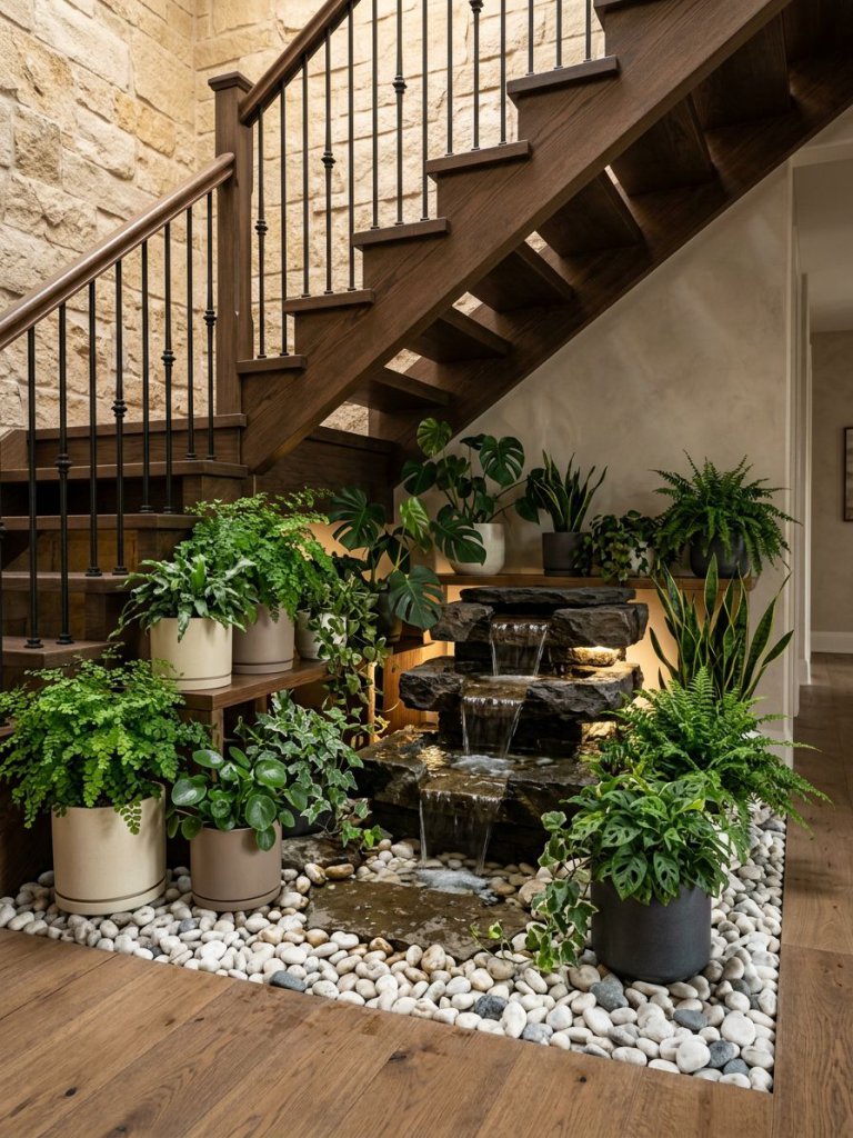 A luxurious small garden under stairs with an integrated indoor water feature, styled in modern rustic elegance.