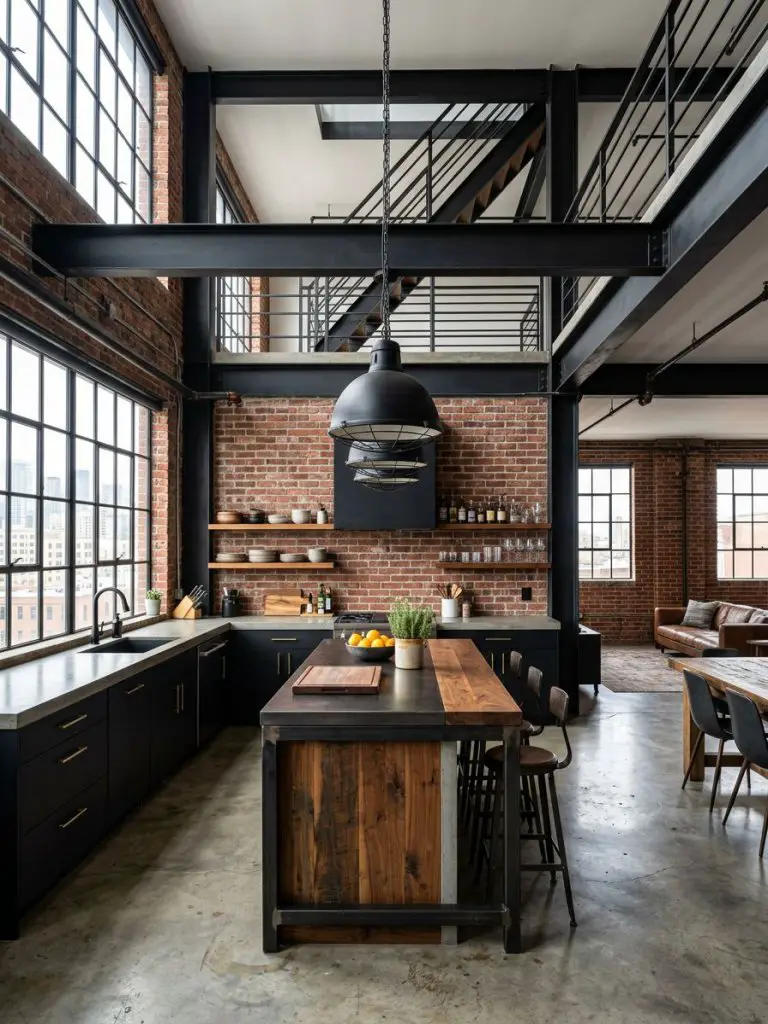 An industrial loft open concept kitchen defined by raw textures and bold architectural elements, blending urban style with functional openne.