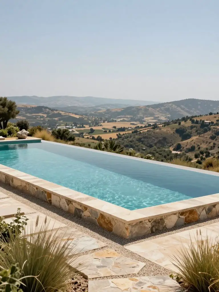 An elevated infinity-edge natural swimming pool backyard overlooking a vast scenic valley, designed in a refined rustic Mediterranean style.