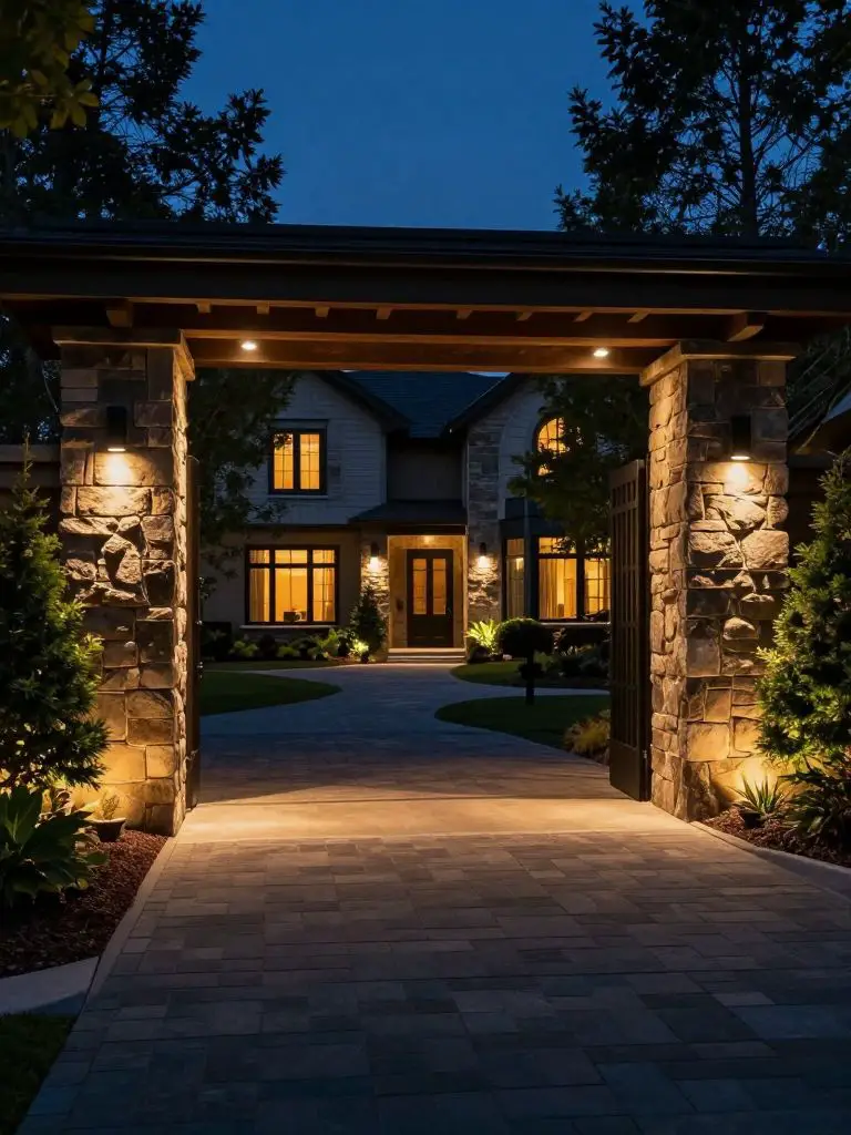 A dramatic nighttime driveway entrance illuminated by warm landscape lighting and framed by stone pillars.