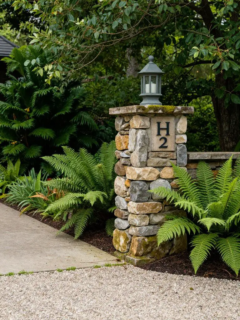 A natural woodland-inspired end of driveway landscaping featuring a stone pillar with an integrated lantern and house number.