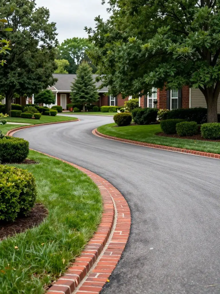 A suburban end of driveway landscaping scene featuring a gently curving driveway lined with brick edging for a classic, refined look.