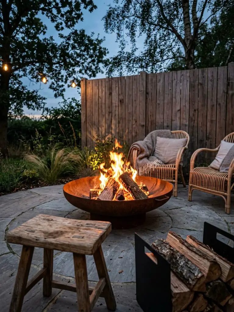 At the heart of a modern rustic patio, a striking, handcrafted corten steel fire bowl sits atop a circular flagstone terrace, its rich, weat.