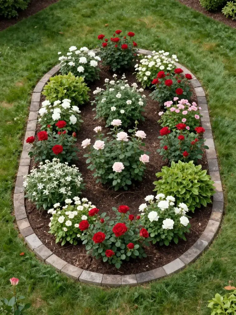 An island flower bed with a symmetrical oval layout set within a manicured lawn.