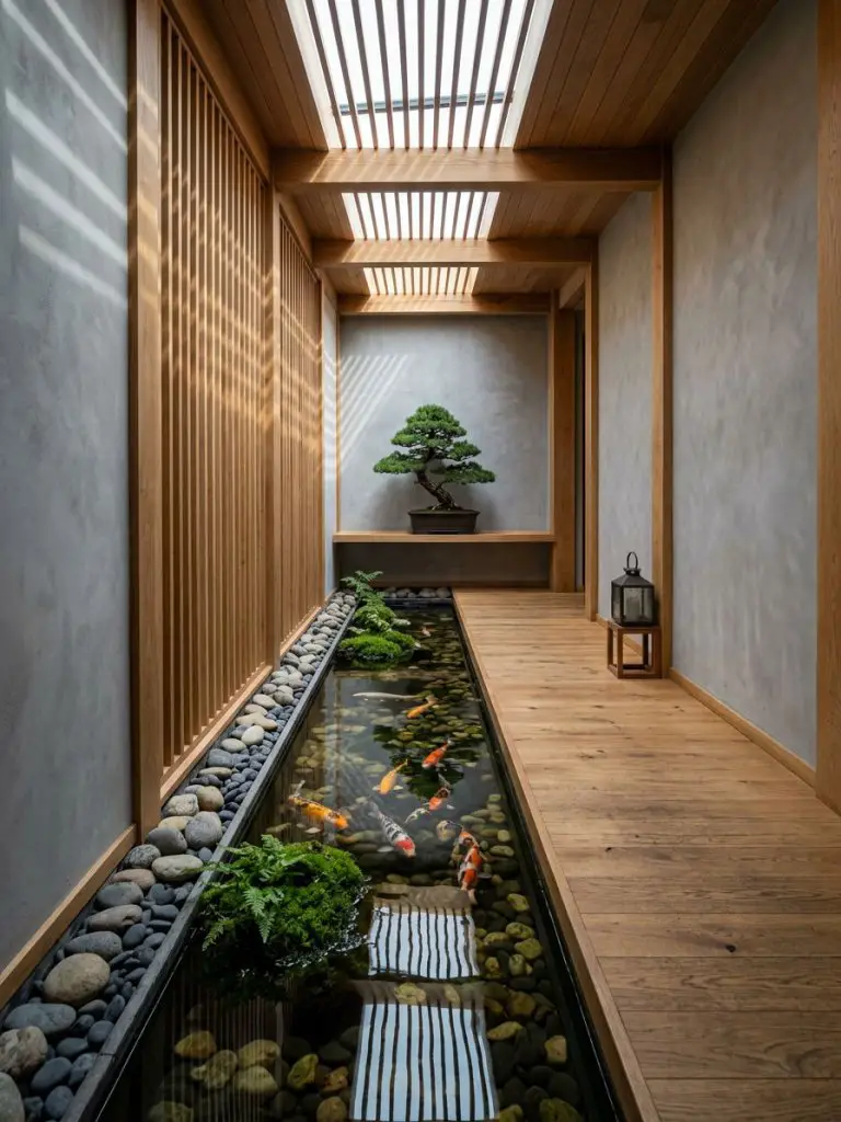 A narrow indoor fish pond in a Japandi-inspired corridor featuring soft natural light and wood detailing, with a minimalist layout.