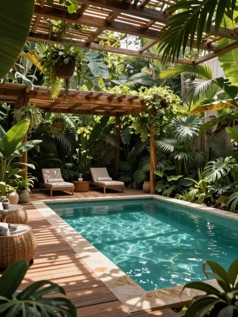 A jungle-style modern backyard pool with a wooden pergola overhead, featuring hanging plants and dense greenery surrounding the space.