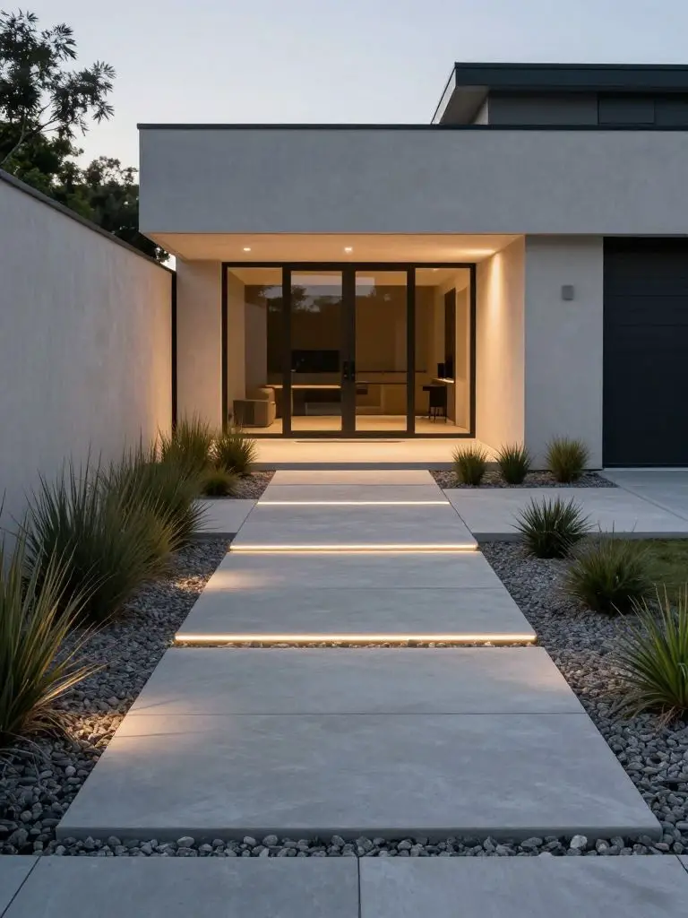 A sleek modern end of driveway landscaping scene with integrated linear LED lighting outlining large concrete slabs leading to a contemporar.