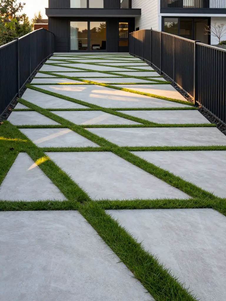 A modern sloped driveway with integrated grass strips between concrete slabs, creating a striking geometric pattern.