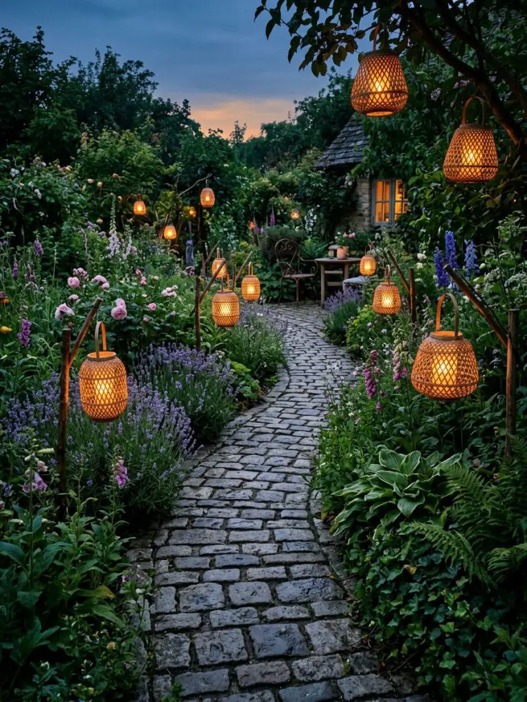 A winding cobblestone pathway illuminated by woven lanterns in a lush cottagecore garden filled with wildflowers and dense greenery.