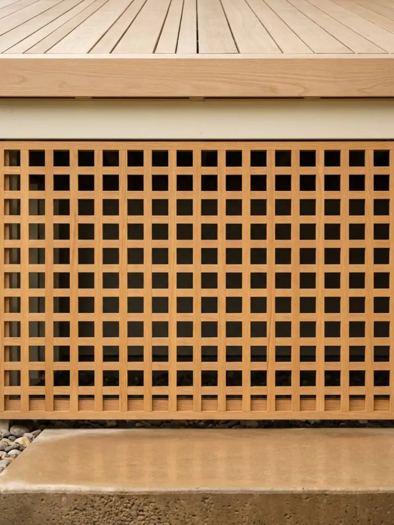 A modern reinterpretation of lattice deck skirting featuring a refined grid pattern in a warm minimalist style.