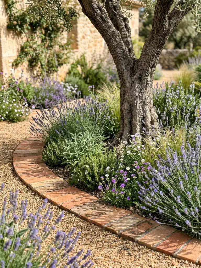 A Mediterranean-inspired tree flower bed featuring terracotta pavers and lavender clusters in a warm minimalist rustic style.