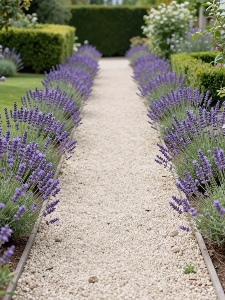 A romantic driveway edging scene with a gravel path bordered by blooming lavender and lush greenery, styled in a soft cottage-inspired lands.
