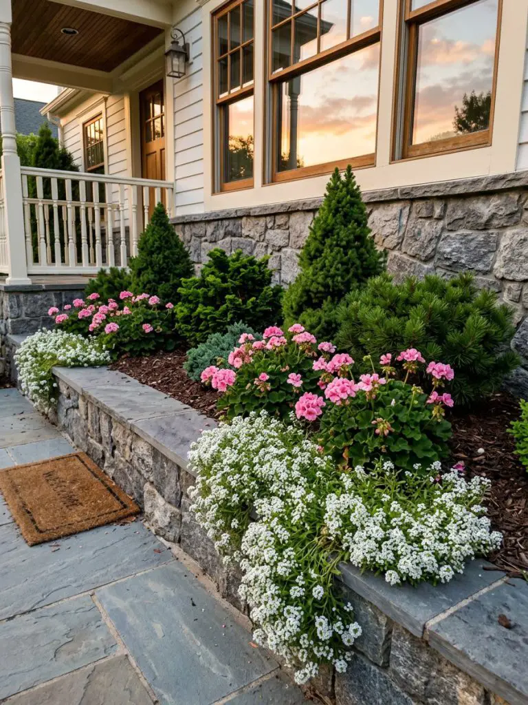 A cozy front porch "skirt" garden featuring a tiered arrangement of dwarf evergreens in the background, pink geraniums in the midground, and.